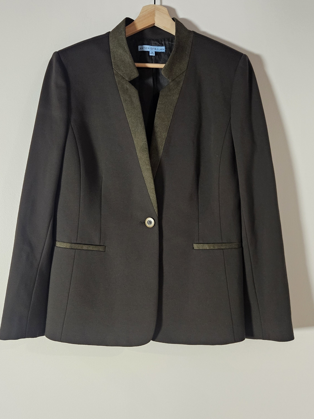 Antonio Melani Dark Olive Blazer Jacket Contrast Trim Career Corporate Chic 12